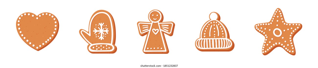 Set of Christmas or New year's gingerbread. The carvings are decorated with icing sugar. Vector stock flat illustration isolated on a white background.