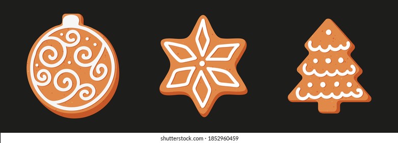 Set of Christmas or New year's gingerbread. The carvings are decorated with icing sugar. Vector stock flat illustration isolated on a black background.