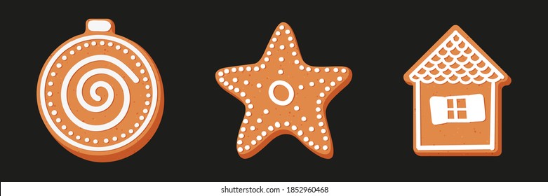 Set of Christmas or New year's gingerbread. The carvings are decorated with icing sugar. Vector stock flat illustration isolated on a black background.