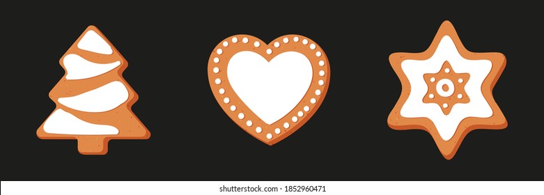 Set of Christmas or New year's gingerbread. The carvings are decorated with icing sugar. Vector stock flat illustration isolated on a black background.