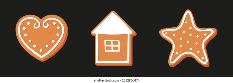 Set of Christmas or New year's gingerbread. The carvings are decorated with icing sugar. Vector stock flat illustration isolated on a black background.
