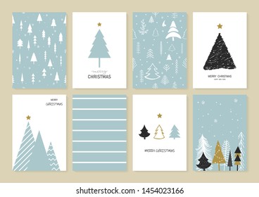 Set of Christmas and New Year's greeting card decorated with Christmas tree, Snowflakes, and Decorations.Cartoon style.Wallpaper, graphic. scribble cute simple design. Holiday. Vector illustration.