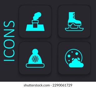 Set Christmas night, chimney, Skates and Santa Claus hat icon. Black square button. Vector