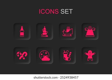 Set Christmas night, tree, Champagne bottle, stocking, Angel, Holiday gingerbread man cookie, santa claus sleigh and Candy cane with stripes icon. Vector