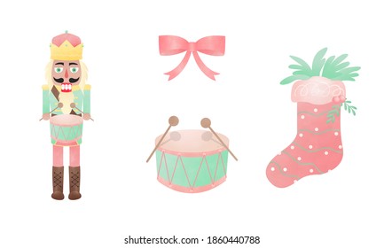 Set of Christmas Nutcracker element clip art collection. Watercolor style vector.