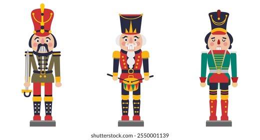 Conjunto de Navidades Cascanueces Ilustración. Feliz Juguete de Navidades. Vector de juguete cascanueces festivo. Cascanueces soldado. Navidades soldado figura tradicional. Ornamento de Navidades