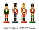 Set of Christmas Nutcracker toys soldier traditional figurine. Vector illustration in flat style, isolated on a white background