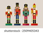 Set of Christmas Nutcracker toys soldier traditional figurine. Vector illustration in flat style with glittering