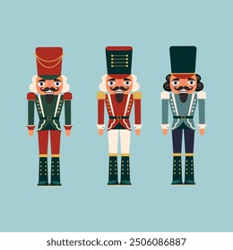 Set of Christmas Nutcracker toys soldier traditional figurine. Vector illustration in flat style