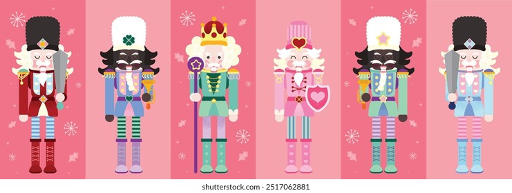 Set of Christmas Nutcracker toys soldier, flat and colorful illustration.