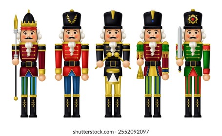 Set of Christmas Nutcracker toys soldier traditional figurine. Vector illustration in realistic 3D style