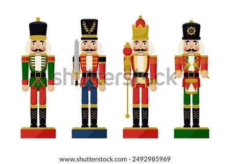 Set of Christmas Nutcracker toys soldier traditional figurine. Vector illustration in flat style, isolated on a white background