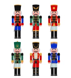 A Set Of Christmas Nutcrackers In A Red, Blue, Green Suit With A Sword. Flat Vector Illustration Isolated On White Background