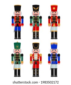 A set of Christmas Nutcrackers in a red, blue, green suit with a sword. flat vector illustration isolated on white background