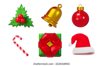 Set of Christmas objects, 3d render holly, gift, santa hat, etc. Vector illustration