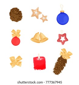 Set of Christmas objects - candle, corn, Christmas tree toy, decoration