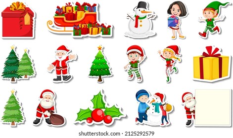 Set of Christmas objects and cartoon characters illustration
