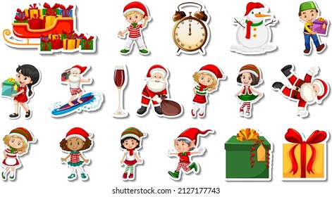 Set of Christmas objects and cartoon characters illustration