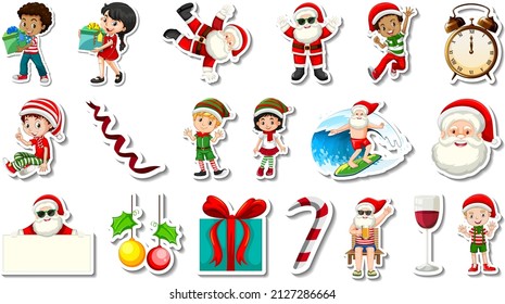 Set of Christmas objects and cartoon characters illustration