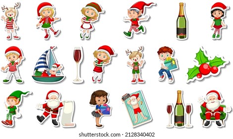 Set of Christmas objects and cartoon characters illustration