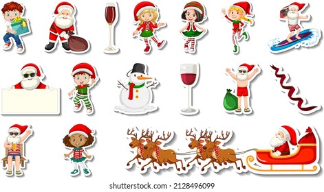 Set of Christmas objects and cartoon characters illustration