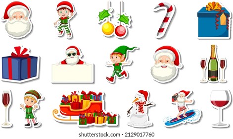 Set of Christmas objects and cartoon characters illustration