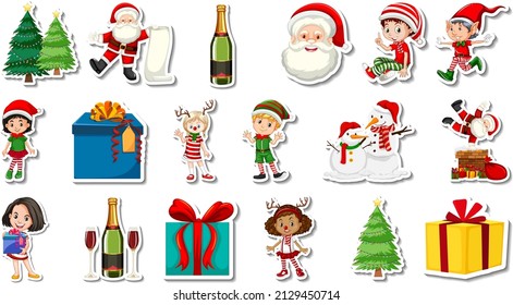 Set of Christmas objects and cartoon characters illustration