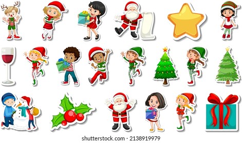 Set of Christmas objects and cartoon characters illustration