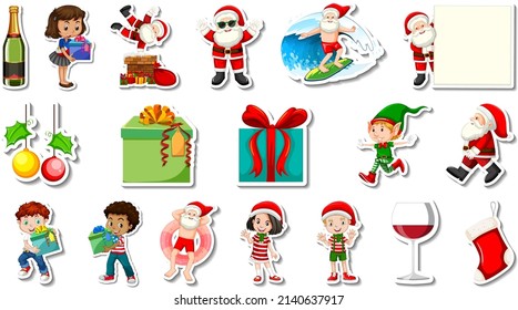 Set of Christmas objects and cartoon characters illustration