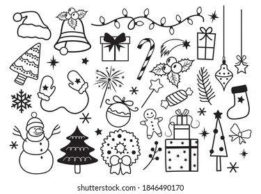 Set of Christmas objects. Collection of festive different symbols of wreath, north pole, snowman, gift, christmas tree, etc. Happy New Year. Vector illustration for children.