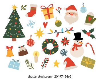 Set of Christmas objects. Collection of festive different symbols of wreath, north pole, snowman, gift, christmas tree, etc. Happy New Year. Vector illustration for children.