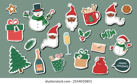 Set of Christmas objects. Christmas elements stickers collection. Vector clipart.