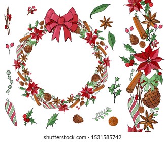 Set with Christmas objects - flowers, spice and decoration. Wreath, endless garland and isolated objects. Vector, hand drawn
