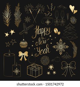 Set of Christmas objects of gold color on a black background