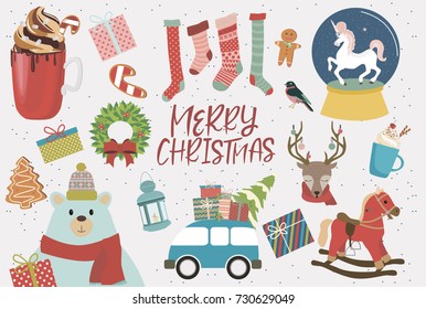 Set of Christmas objects for  greeting cards. Editable vector illustration