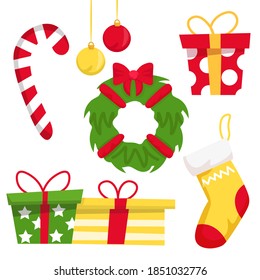 Set of Christmas objects isolated on white background. Candy cane, gift boxes, christmas balls, sock and christmas wreath. Vector illustration.