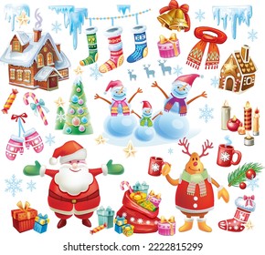 Set of Christmas objects isolated on white background illustration