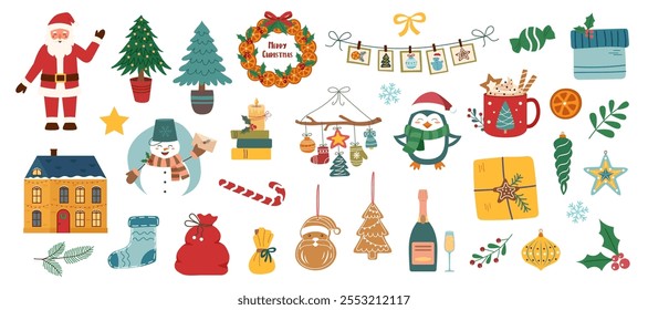 Weihnachtsobjekte einzeln auf weißem Hintergrund. Weihnachtselemente Kollektion. Vektorclipart.	