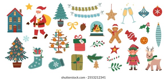 Set of Christmas objects isolated on white background. Christmas elements collection. Vector clipart.