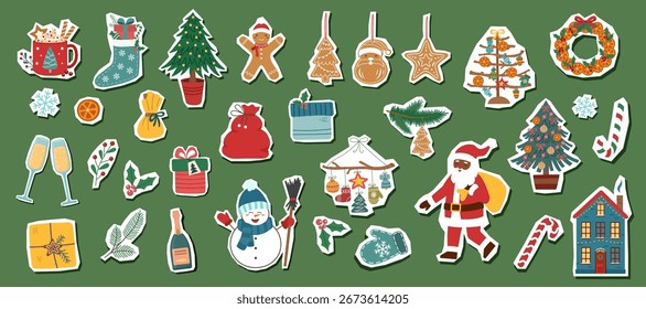 Set of Christmas objects isolated on green background. Christmas elements collection. Vector flat cliparts.