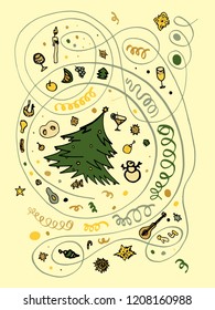 Set of Christmas objects in neutral and green colors on a beige background, the finished composition can be used in isolation. Spruce, toys, drinks, food, sirpantin, festive attributes of the new year
