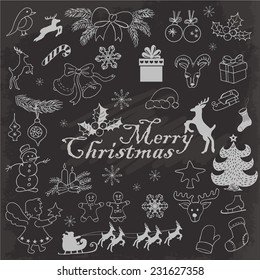 Set of Christmas objects on a dark background. Vector hand drawing sketch illustration