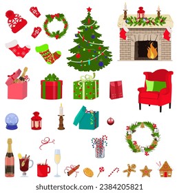 Set of Christmas objects, symbols of Christmas and New Year on white isolated background. Vector illustration.