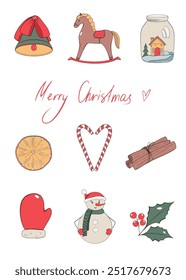 Set of Christmas objects. Symbols of Christmas. Snowman, mistletoe, candy and more. Illustration in doodle vector style. 