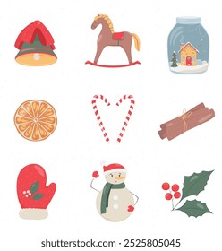 A Set of Christmas Objects and Symbols. Snowman, Christmas tree ornaments, gifts and more. Vector illustrations