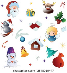 Set of Christmas objects. Christmas tree, Santa with snowman, house, angel. New Year decorations. Winter holiday decor. Flat isolated vector illustration on white background