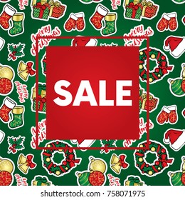 A set of Christmas objects - a wreath, balls, ornaments, gifts, socks, boots, a Santa Claus hat, a holly branch, gloves and bells with a bow. Vector illustration. A set of stickers.