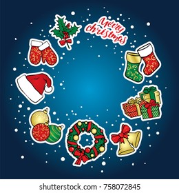 A set of Christmas objects - a wreath, balls, ornaments, gifts, socks, boots, a Santa Claus hat, a holly branch, gloves and bells with a bow. Vector illustration. A set of stickers.