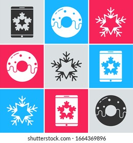 Set Christmas on smartphone and snowflake, Donut with sweet glaze and Snowflake icon. Vector