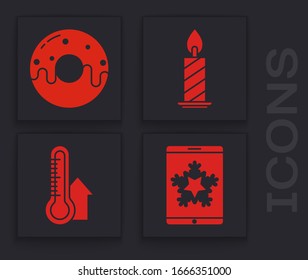 Set Christmas on smartphone and snowflake, Donut with sweet glaze, Burning candle in candlestick and Meteorology thermometer measuring icon. Vector